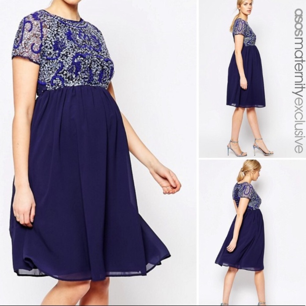 💓ASOS MATERNITY BEADED NAVY BLUE FORMAL PHOTO SHOOT DRESS SZ 6💓